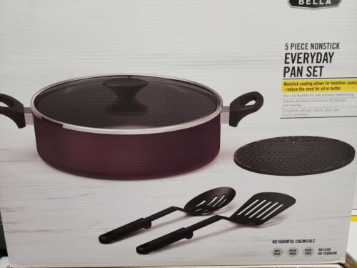 Photo 1 of BELLA 5 PIECE NONSTICK EVERYDAY PAN SET PURPLE
BPA FREE 
Includes: 11" 5qt jumbo cooker with helper handle, 2 cooking utensils and 7" silicone trivet