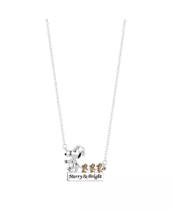 Photo 1 of PEANUTS Two-Tone Flash Plated "Merry Bright" Snoopy Woodstock Bar Pendant Necklace
