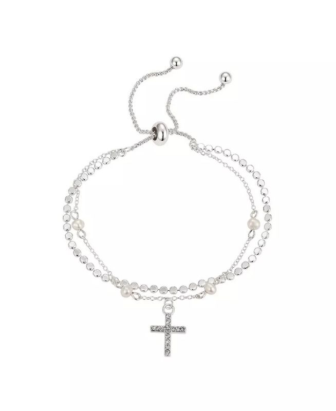 Photo 1 of UNWRITTEN Gratitude & Grace Fine Silver Plated Crystal Cross and Genuine Pearl Double Strand Bolo Bracelet Crystal 