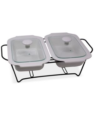 Photo 1 of Sedona Twin Ceramic Chafing Casserole Servers with Glass Lids & Rack
Includes (2) chafing casserole dishes, (2) lids and a rack
Approx. dimensions: 16.73"L x 10.93"W x 6.02"H
Each server has a 3.8-quart capacity