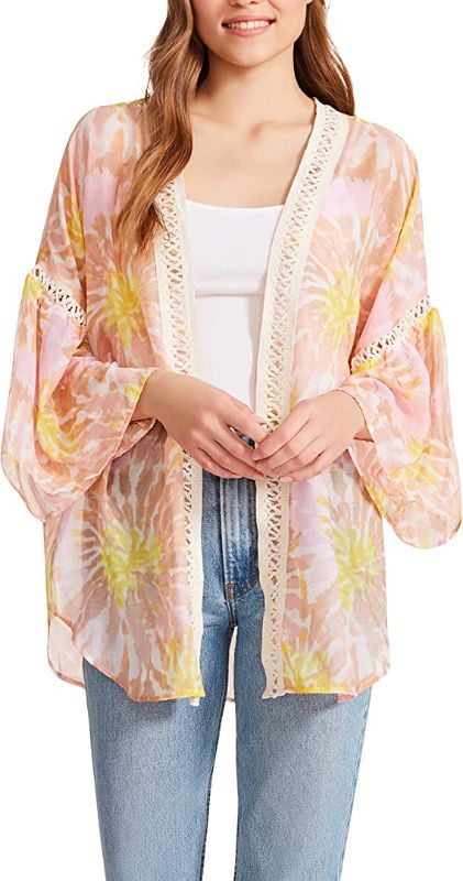 Photo 1 of Steve Madden Women's Recycled Poly Chiffon Tie Dye Kimono with Crochet Trim One Size 