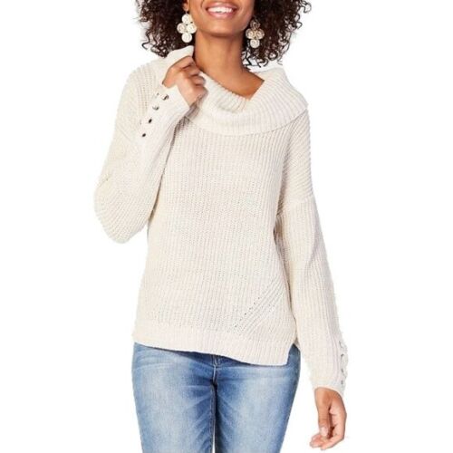 Photo 1 of SIZE XS American Rag Women's Junior Cowl Neck Long Sleeve Lace-up Pullover Oatmeal