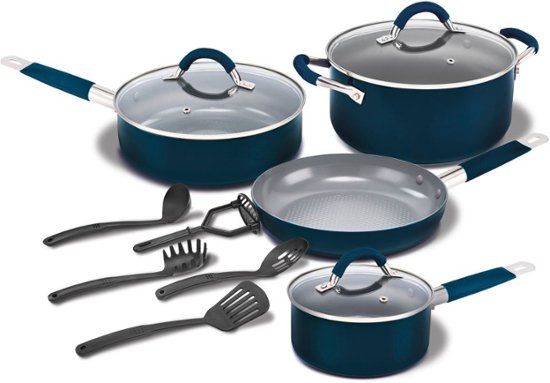 Photo 1 of Bella 12-PC. Cookware Set - Blue. Get a set of essentials that you'll turn to every day with this collection from Bella, a selection of four must-have pots and pans with easy-use nonstick coatings. Set includes: 9.5" frypan and lid that's also compatible 