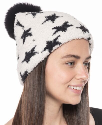 Photo 1 of Jenni Women's White Black Fuzzy Jacquard Pom Pom Beanie