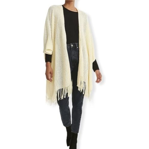 Photo 1 of Steve Madden Women's Open-Weave Fringed Trim Ruana Cardigan Sweater One Size