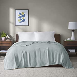 Photo 1 of Full/Queen Madison Park Freshspun Basketweave Luxury Cotton Blanket Blue 90x90"  Premium Soft Cozy 100% Cotton