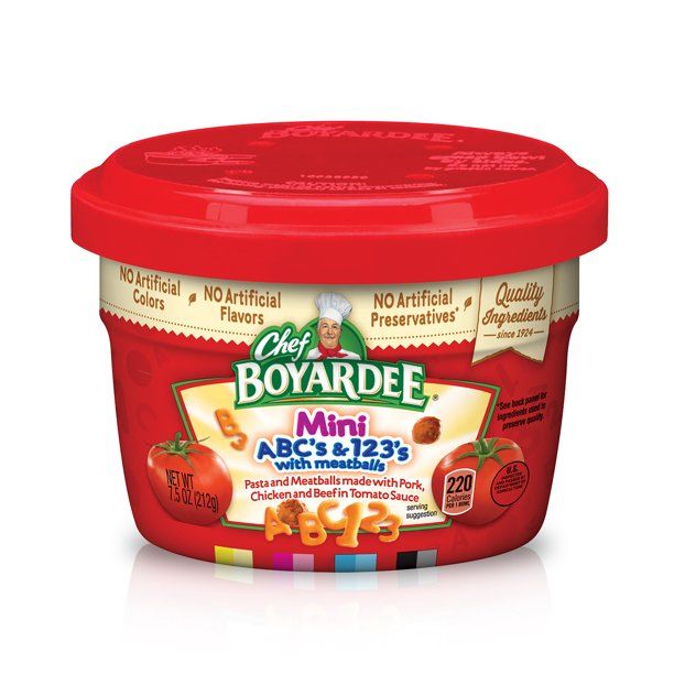 Photo 1 of 9 PK OF Chef Boyardee ABC & 123 Pasta Shapes with Mini Meatballs in Tomato Sauce, 7.5-OZ -- EXP 05/10/2023  (CONTAINERS ARE SLIGHTLY SCRATCHED)