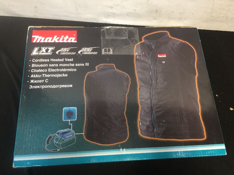 Photo 2 of Makita-DCV200ZL 18 Volt LXT Lithium-Ion Cordless Heated Vest, Vest Only (Black, Large) **MISSING BATTERY TO CHARGE HEATING SUPPLY, WILL NOT HEAT WITHOUT IT SO COULD NOT TEST ITEM) **