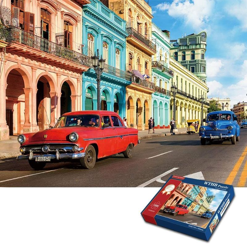 Photo 1 of Jigsaw Puzzles for Adults 1000 Piece Great View of Retro Car and Old Street in Havana Cuba 29.5X 19.7 Inches Wooden Puzzles with Colorful Poster
