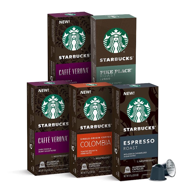 Photo 1 of Starbucks by Nespresso, Intense Variety Pack (50-count single serve capsules, 10 of each flavor, compatible with Nespresso Original Line System)
BEST BY: 02/16/2022