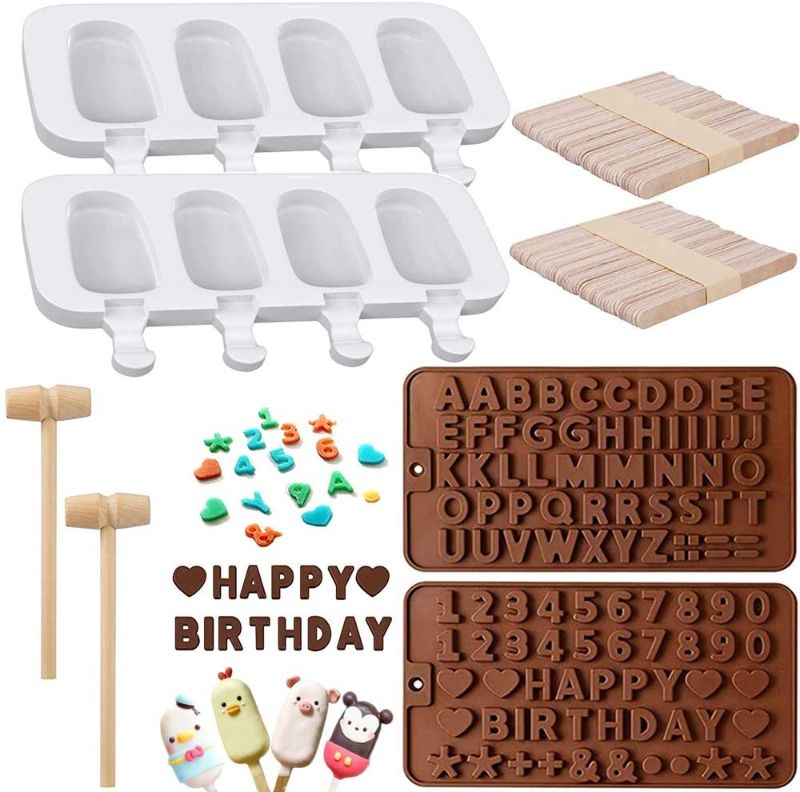 Photo 1 of 2 Pack Silicone Letter Mold and Number Chocolate Molds with Happy Birthday Cake Decorations Symbols,2 Pack Silicone Popsicle Molds, Ice Cream Mold with 100 Wooden Sticks & 2 Wooden Hammers

