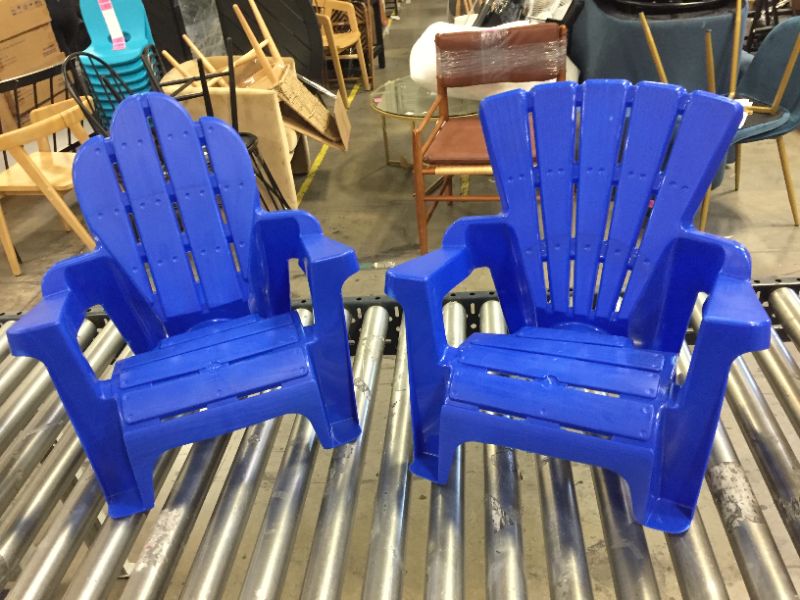 Photo 1 of American Plastic Toys Kids’ Adirondack Chairs (Pack of 2), Blue, Outdoor, Indoor, Beach, Backyard, Lawn, Stackable, Lightweight, Portable, Wide Armrests, Comfortable Lounge Chairs for Children
