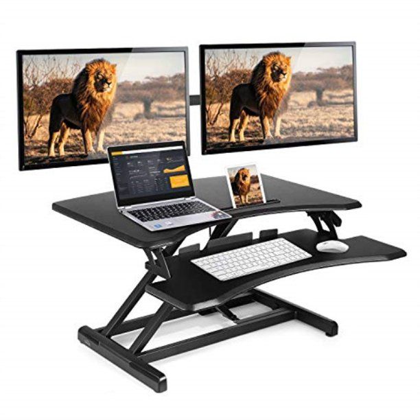 Photo 1 of SIMBR Standing Desk Converter fits Dual Monitor, Height Adjustable Sit to Stand Desk Riser with Removable Keyboard Tray
