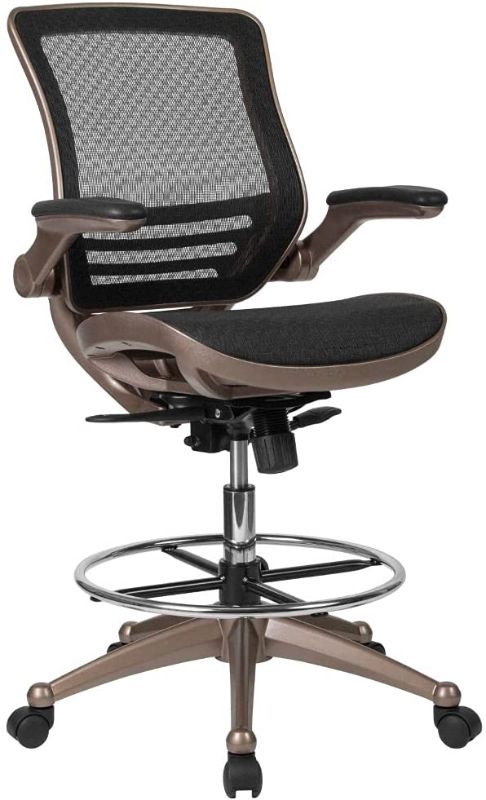 Photo 1 of Flash Furniture Mid-Back Transparent Black Mesh Drafting Chair with Melrose Gold Frame and Flip-Up Arms
