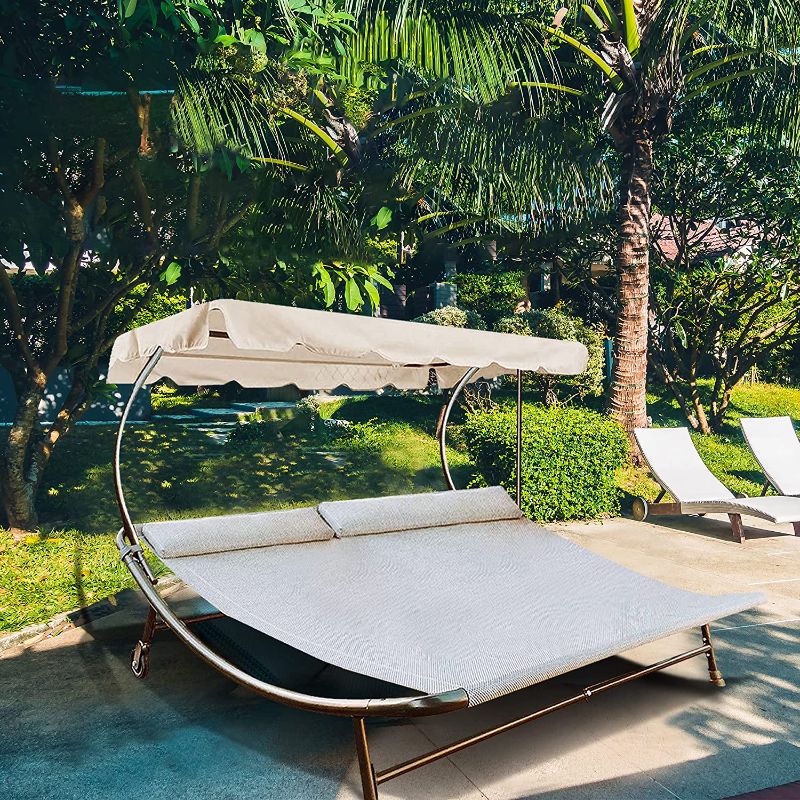 Photo 1 of Abba Patio Chaise Lounge with Adjustable Canopy and Headrest Pillow for 2 Person, Outdoor Sunbed Wheeled Hammock Bed for Sun Room, Garden, Poolside, Beige, 6.5'L x 6.5'W
