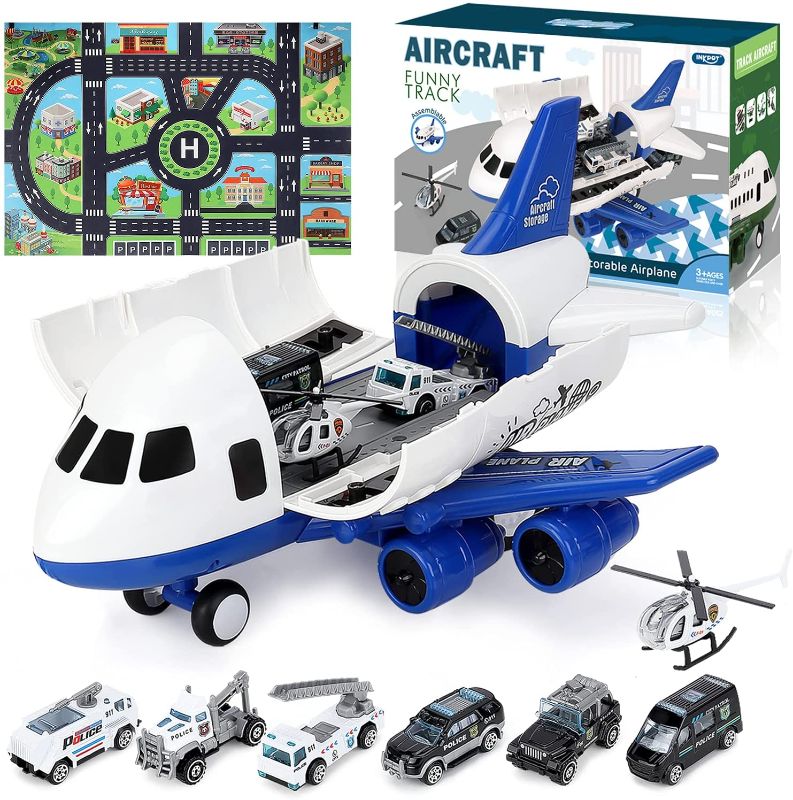 Photo 1 of Airplane Toy, Large Transport Cargo Airplane Toy with Learning Play Mat, 8 Sets Die cast Police Mini Cars Helicopter for Kids Toddlers for Above 3 Years Old Child

