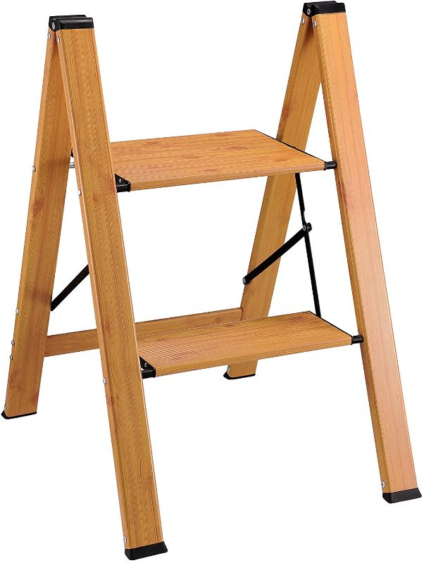 Photo 1 of Delxo Aluminum 2 Step Stool, Lightweight Kitchen Step Ladders with Anti-Slip Sturdy and Wide Pedal, Portable Folding Woodgrain Step Ladders 330lbs Capacity
