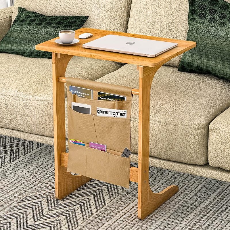 Photo 1 of C Table Sofa Side End Table That Slide Under Couch for Small Space Living Room Laptop Coffee Snack Bamboo 20 x 12 x 24 Inch TV Dinner Tray Table
