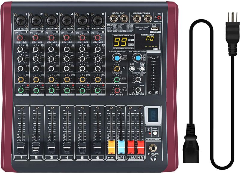Photo 1 of 6-Channel Professional Mono Audio Mixer, Phenyx Pro Sound Board w/ 3-Band EQ, Build-in 99 DSP Effects, BT Function, Recording to USB Drive, Ideal For Studio, Stage, Karaoke (PTX-20)
