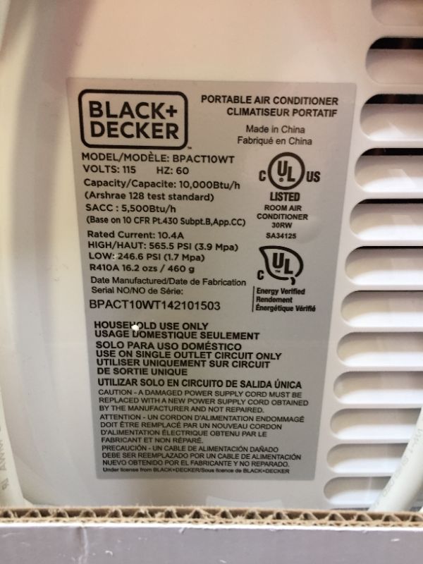 Photo 1 of Black+decker BPACT10WT 10,000 BTU Portable Air Conditioner with Remote
BOX DAMAGED ITEM IS NEW 