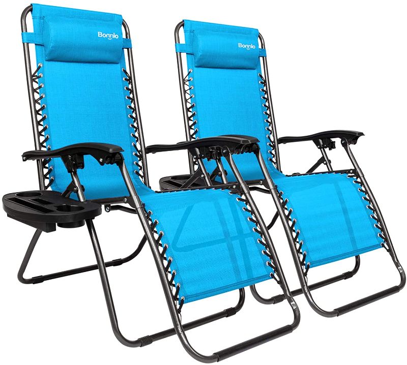 Photo 1 of Bonnlo Infinity Zero Gravity Chair Pack 2, Outdoor Lounge Patio Chairs with Pillow and Utility Tray Adjustable Folding Recliner for Deck,Patio,Beach,Yard (Light Blue)
