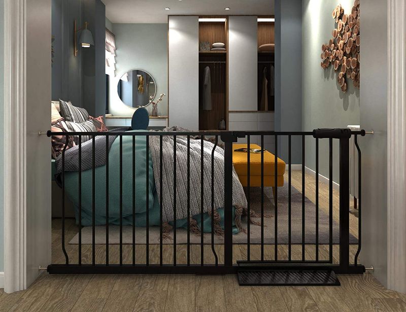 Photo 1 of COSEND Extra Wide Baby Gate Extra Tall Tension Indoor Safety Gates Black Metal Large Pressure Mount Pet Gate Walk Through Safety Dog Gate for The House Doorways Stairs (57.48"-62.2"/146-158CM, Black)
