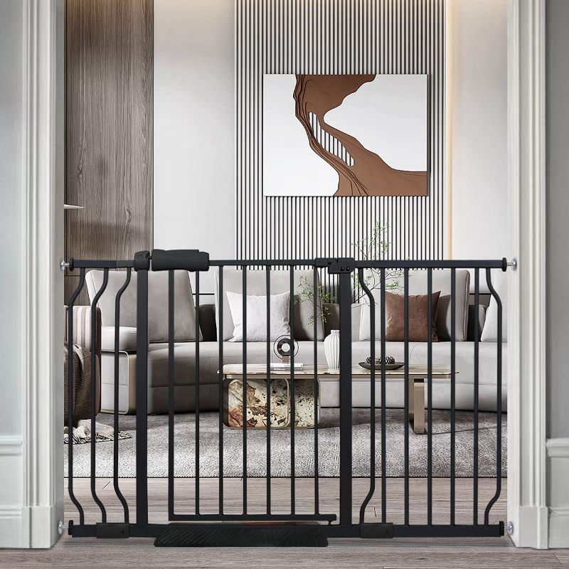 Photo 1 of HOOOEN Walk Through Baby Gates Extra Wide for Stairs Doorways Auto Close Tension Black Metal Child Pet Safety Gates with Pressure Mount 48-53 Inch
