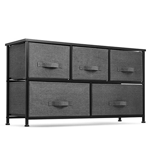 Photo 1 of 5 Drawer Dresser Organizer Fabric Storage Chest for Bedroom, Hallway, Entryway, Closets, Nurseries. Furniture Storage Tower Sturdy Steel Frame, Wood Top, Easy Pull Handle Textured Print Drawers
