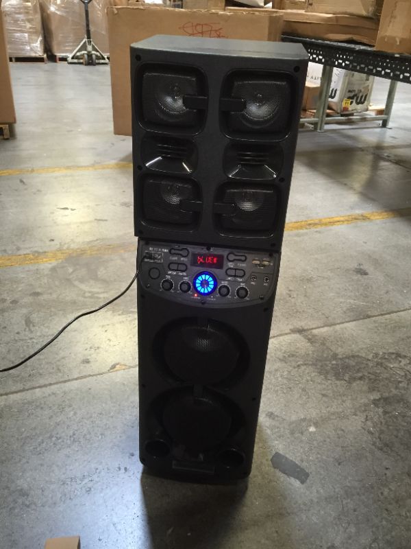 Photo 2 of Karaoke Machine for Adult and Kids Portable PA System Bluetooth Family Singing Machine with 2 Woofers 2 Wireless Microphones Disco Light TWS Mode Indoor Outdoor Party
