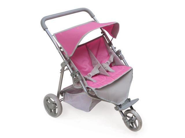 Photo 2 of Badger Basket Trek 3 Wheel Folding Twin Doll Jogging Stroller with Rubber Padded Handle - Gray and Pink