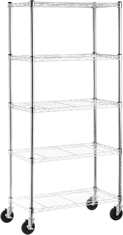 Photo 1 of Amazon Basics 5-Shelf Shelving Storage Unit on 4'' Wheel Casters, Metal Organizer Wire Rack, Chrome Silver (30" L x 14" W x 64.75" H)
