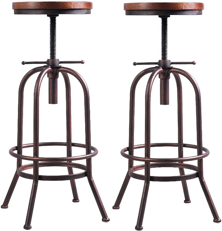 Photo 1 of 26 inch-32 inch Vintage Industrial Bar Stool-Metal Wood Swivel Bar Stool-Retro Bar Height Stool-Counter Height Adjustable Kitchen Stools-Set of 2,Fully Welded,Extra Tall Pub Height(Copper(2pcs))