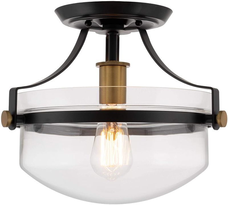 Photo 1 of Kira Home Zurich 12 Rustic Farmhouse Semi-Flush Mount Ceiling Light + Glass Shade Warm Brass Accents Black Finish