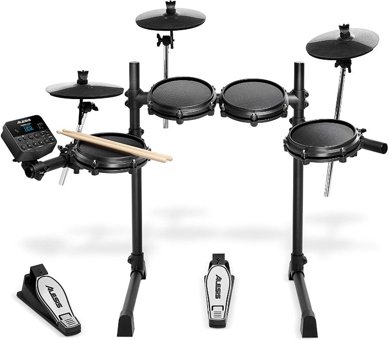 Photo 1 of Alesis, 7 Seven Piece All-Mesh Electronic Kit with Super-Solid Steel Rack, 100+ Sounds, 30 Play-Along Tracks, Connection Cables, Drum Sticks & Drum Key Included, Black, One Size (TURBOMESHKIT)