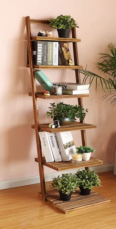 Photo 1 of Book Shelf 6-Tier Ladder Shelf-Plant Stand Storage Organizer?Bookcase Display Shelf?Standing Wooden Shelves for Living Room, Home Office, Rustic Brown