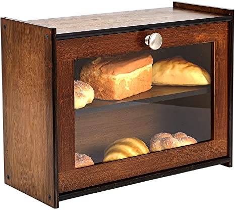 Photo 1 of Bamboo Bread Box 2 layer with Clear Front Window, Rustic Farmhouse Bread Storage Box for Kitchen Countertop, Adjustable Space Size Bread Bin, Large Capacity, Airtight, Retro Brown (Self-Assemble)