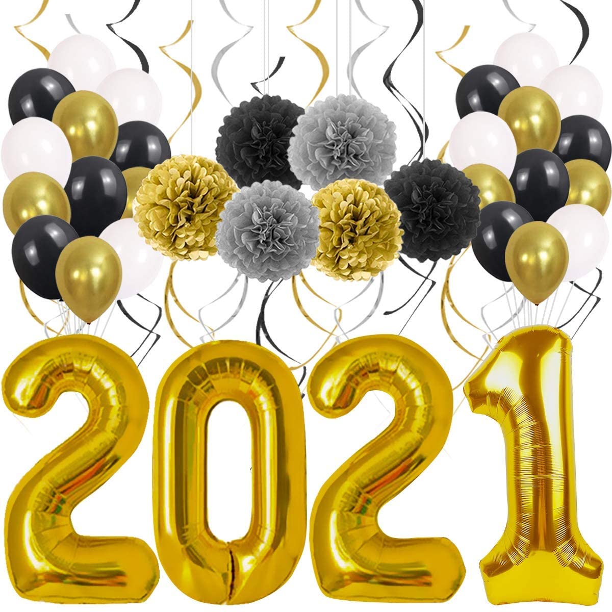 Photo 1 of 2021 Graduation Party Decoration Supplies, Black Gold Banners Balloons Decor Photo Frame for Adults Kids High School College Junior Senior Congrats Favor Kindergarten Class Grade Yard Sign Backdrop