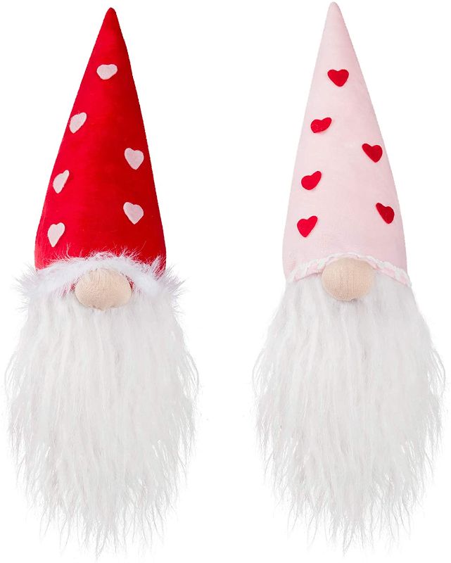Photo 1 of 2 Pack Extra Large 14.7" Valentine's Day Swedish Tomte- Bottom Weighted Scandinavian Gnome with Heart Patches Hats Ornaments Plush Faceless Figurines