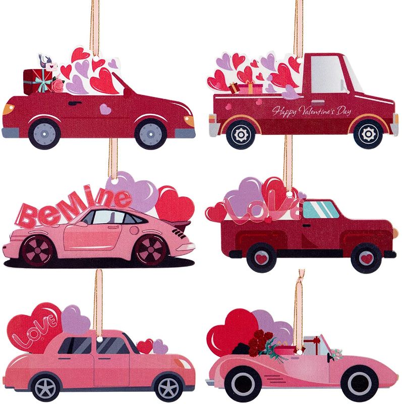 Photo 1 of Aulock 12 Pcs Valentine's Day Red Truck Ornaments- 6 Styles Red Pickup Truck Decorations for Plant, Door, Wall, Car Hanging for Wedding, Valentine's Day, Anniversary