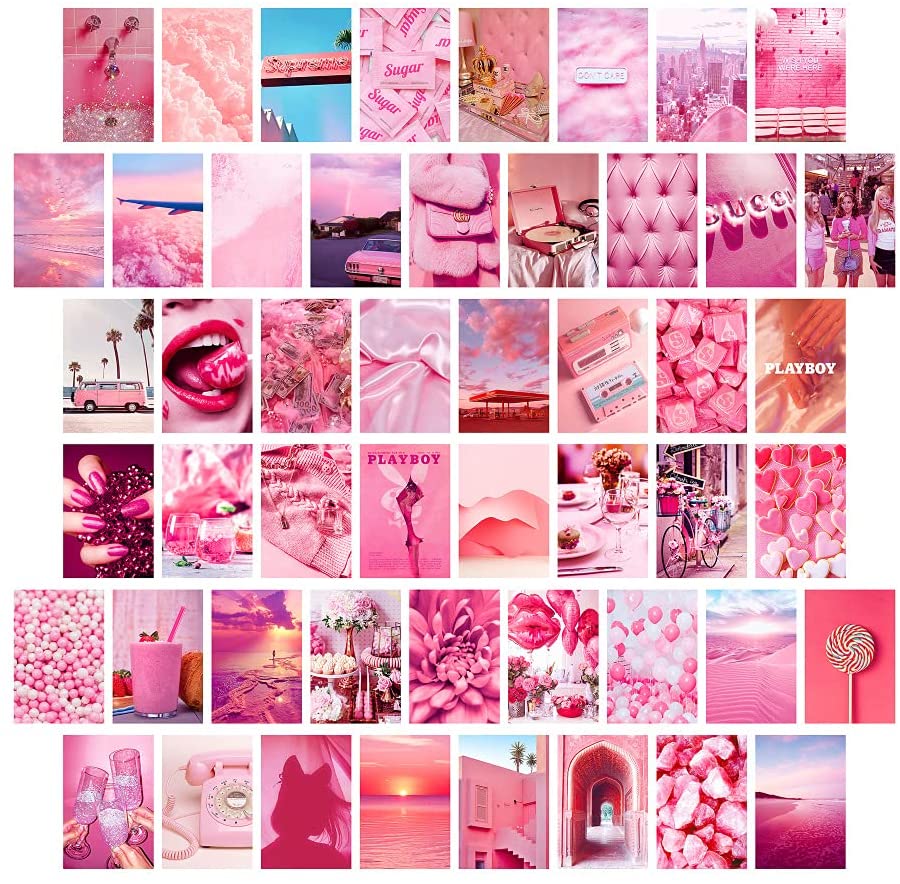 Photo 1 of 50 pcs Wall Collage Kit Aesthetic Pictures, Double-Sided Printing Room Decor for Teen Girls, Collage Kit for Wall Aesthetic, Bedroom Decor, Aesthetic Posters, Collage Kit (Pink&Orange&Blue)