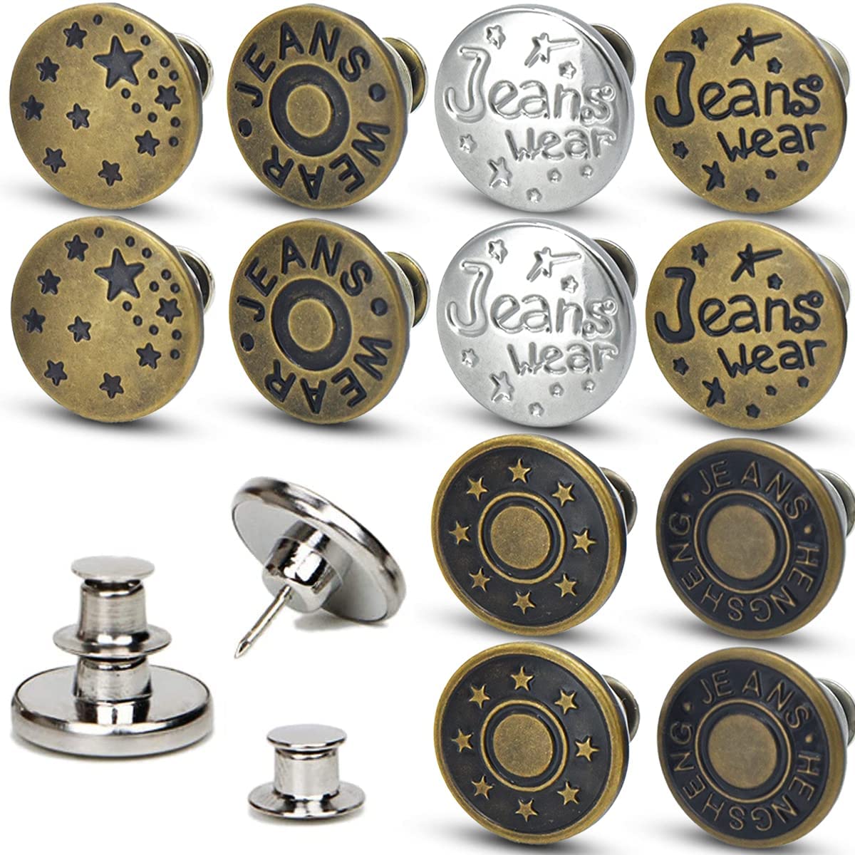 Photo 1 of [Upgraded] 12 Sets Button Pins for Jeans, 17mm Replacement Jean Buttons, Adjustable No Sew Jean Button Pins Removable Detachable Metal Clips Instant Extend or Reduce Any Pants Waist (Color B)