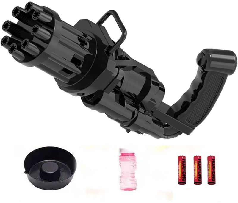 Photo 1 of NC Electric Bubble Machine, Gatling Bubble Gun for Kids Toddlers, Children’s Automatic Bubble Blowing Toy Gun with 3 Batteries and Bubble Water, Portable Bubble Blower Maker, Black