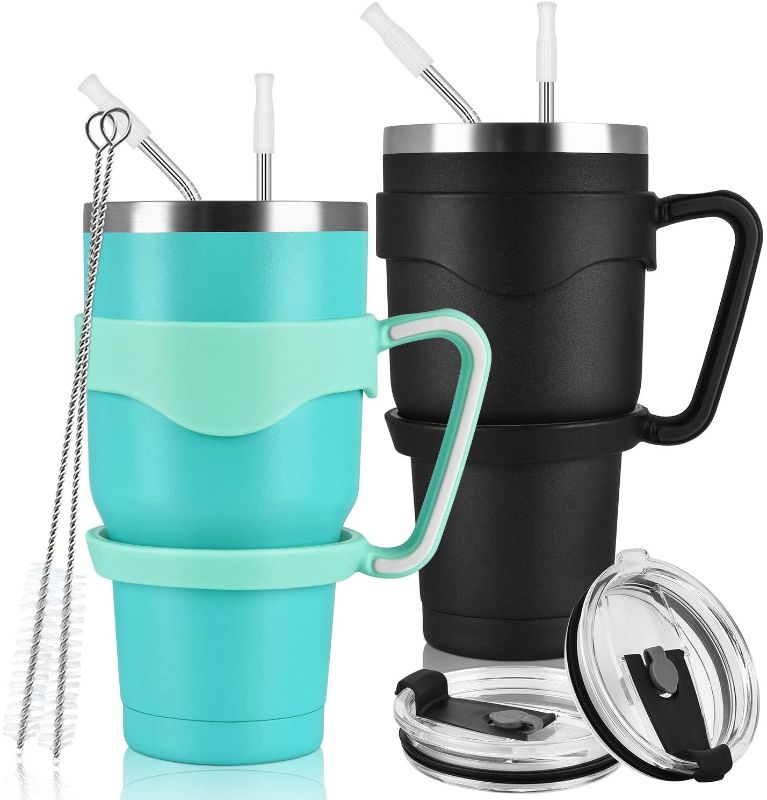 Photo 1 of 2 Pack Insulated Travel Tumblers for Home School Office Camping, Stainless Steel Double Wall Vacuum Travel Tumbler with 2 Handles, 2 Lids, 4 Straws, 2 Straw Brushes, 1 Cup Brush (30oz, Black & Mint)