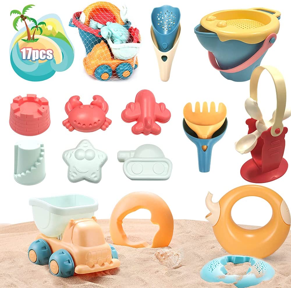 Photo 1 of BIANHUA Kids Beach Sand Toys, 17Pcs Beach Toys Set with Bucket, Sand Molds, Watering Can, Shovels, Sand Sieve,Mesh Bag, Sandbox Toys for Toddlers, Outdoor Play for Boys, Girls