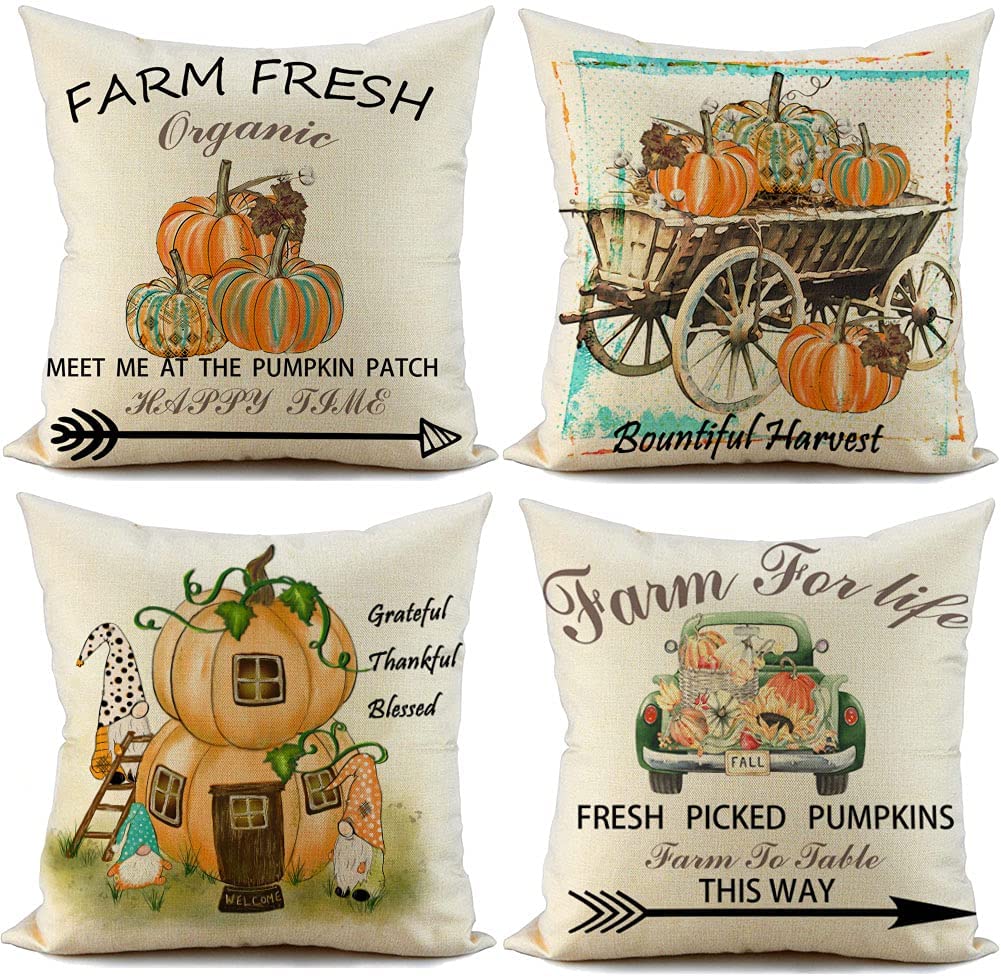 Photo 1 of FIBEROMANCE Fall Throw Pillow Covers 18x18 Set of 4 Gnome Rustic Farm Fresh Pumpkins Cart Truck Thanksgiving Decor Fall Decorations Decorative Pillows Cushion for Couch Sofa Bed at Home Outdoor 
(Pillowcases ONLY)