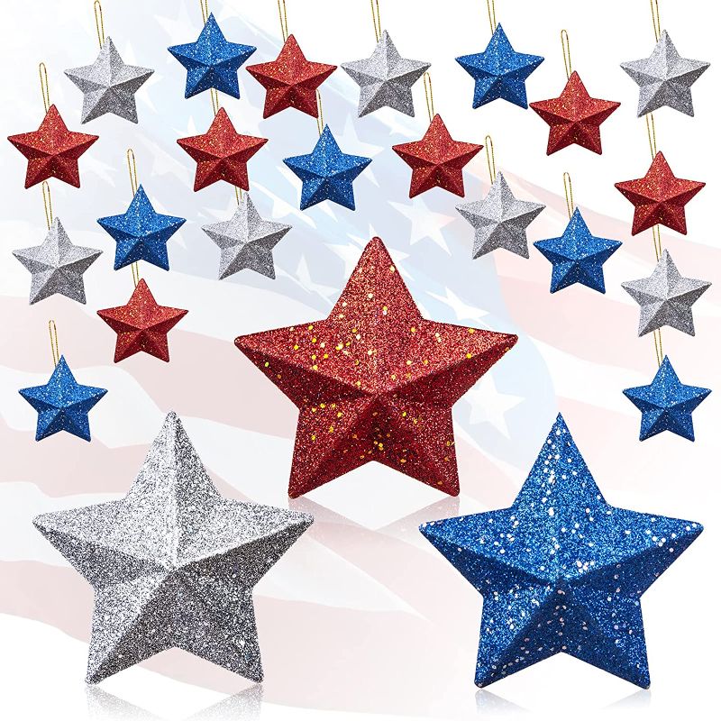 Photo 1 of 24 Pcs 4th of July Hanging Stars Ornaments USA Stars Blue Red and Silver Hanging America Glitter Stars Home Decor Patriotic Decorations for Independence Day Memorial Day,Flag Day,Patriotic Party