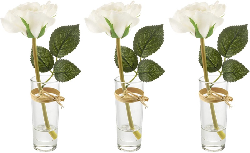 Photo 1 of 3 Piece Artificial Real Touch White Roses in Decorative Glass Bud Vases for Modern Home Decor Living Room Dining Dressing Coffee Table Desk Bedroom Dorm Gift 8.26 in Tall