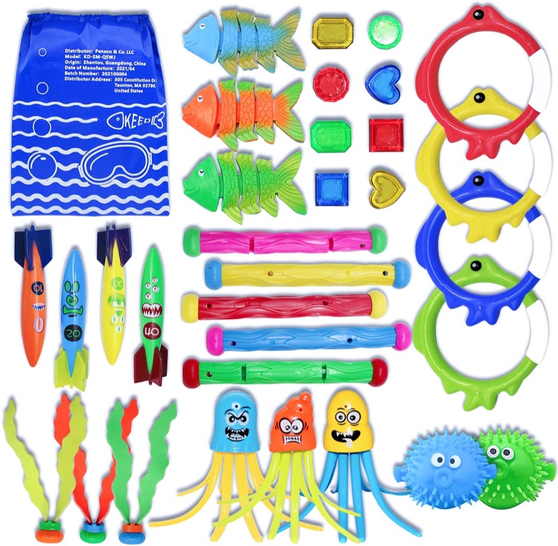 Photo 1 of Diving Toys 32 Pack Swimming Pool Toys for Kids, 5 Diving Sticks, 4 Toypedo Bandits, 4 Diving Rings, 8 Pirate Treasures, 3 Fish Toys, 3 Stringy Octopus, 3 Seaweeds, 2 Ballonfish with Storage Bag