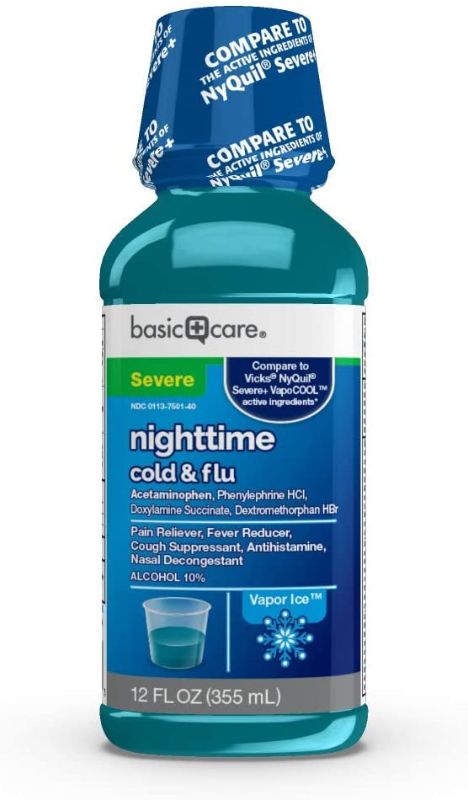 Photo 1 of 2-pack Amazon Basic Care Vapor Ice Nighttime Severe Cold and Flu, Pain Reliever and Fever Reducer, Nasal Decongestant, Antihistamine and Cough Suppressant, 12 Fluid Ounces