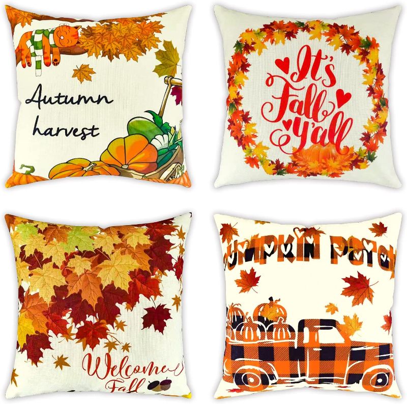 Photo 1 of BQN Fall Decor Pillow Covers 18x18 Set of 4, Harvest Pumpkin Maple Leaf Truck Buffalo Plaid Fall Throw Pillow, Outdoor Fall Pillows Decorative, Autumn Farmhouse Thanksgiving Cushion Case for Couch